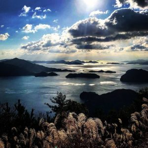 Sunlight breaks through clouds over a serene seascape near Shikoku, with dark islands scattered across calm blue water. Tall grasses sway in the foreground, and hills form silhouettes beneath a dramatic sky—perfect inspiration to travel to Shikoku.