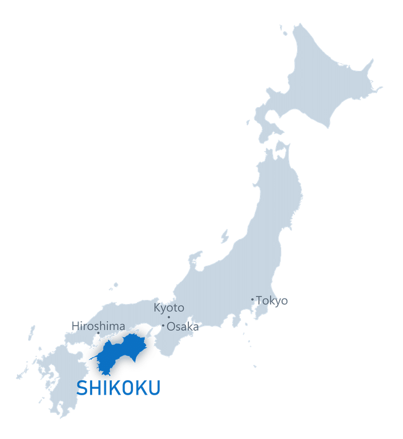 Map of Japan with Shikoku highlighted, between Hiroshima and Osaka